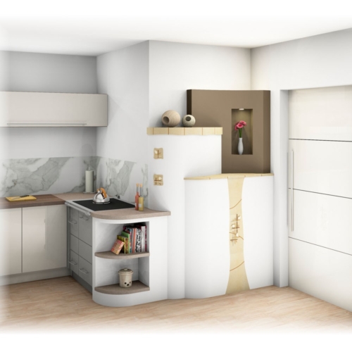 Fertigherd mit Kachelofenanbau - Handkeramik