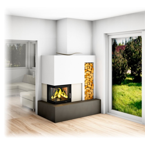 Kachelofen modern mit Eckfenster und Holzlager