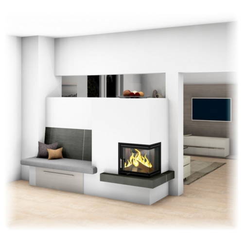 Moderner Kachelofen als Raumteiler mit Ofenbank