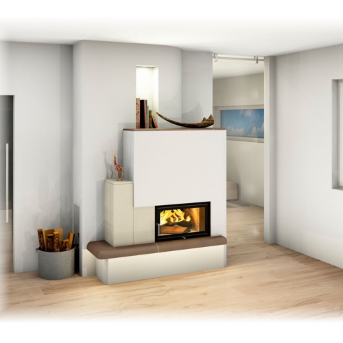 Moderner Landhaus-Kachelofen mit Sichtfenster