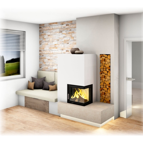 Kachelofen mit Eckfenster, Ofenbank, Steinriemchen und Holzlager