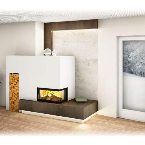 Moderner Kachelofen mit Eckfenster, indirekter Beleuchtung und Wandgestaltung