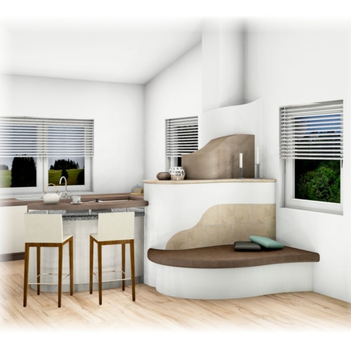 Tischherd mit Kachelofen mit Frühstücksbar und Ofenbank