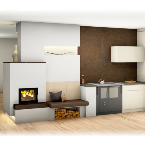 Tunnelofen, Tischherd mit Ofenbank - modernes Gesamtkonzept