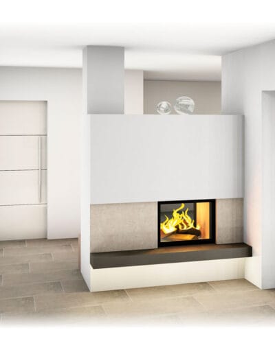 Heizkamin mit Ofenbank, Sichtfenster, Großkeramik - unterschiedliche