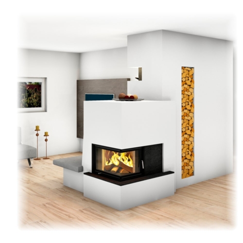 Moderner Kachelofen mit Eckfenster, Ofenbank und Holzlager