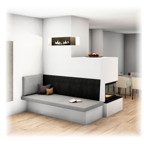 Moderner Kachelofen mit Eckfenster, Großkeramik und Liege, indirekte Beleuchtung