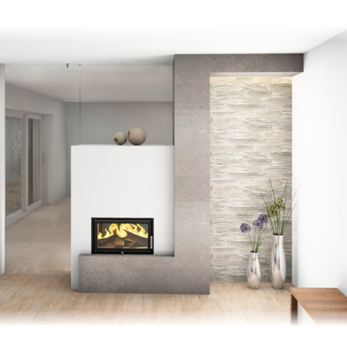 Moderner Grundofen als Tunnelofen, indirekte Beleuchtung, Wandverkleidung