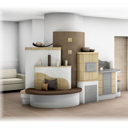 Kachelofen Landhaus mit Tischherd und Bratrohr und Ofenbank