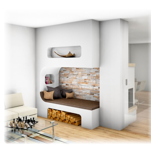 Kachelofen mit integrierter Ess-Ecke und Sitzhöhle