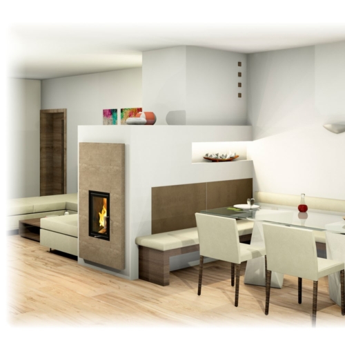 Moderner Landhaus-Kachelofen mit Sichtfenster, Essecke und Liege