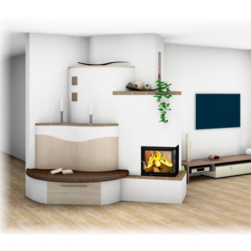 Landhaus-Kachelofen mit Ecksichtfenster und Ofenbank