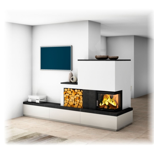 Moderner Kachelofen mit Ecksichtfenster, Holzlager und TV-Wand