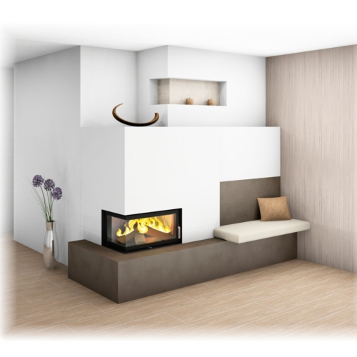 Moderner Kachelofen mit Großkeramik, Eckfenster und Ofenbank