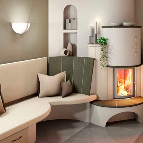 Kachelofen rund mit Sichtfenster und Sitzbank