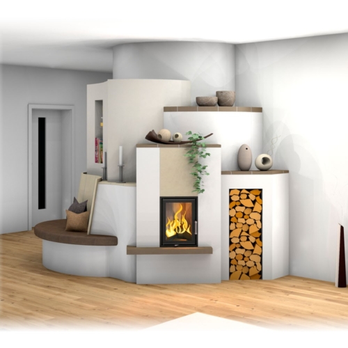 Kachelofen Landhaus als Raumteiler mit Holzlager und Ofenbank