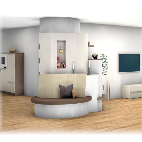 Landhaus-Kachelofen als Raumteiler mit Sitzbank