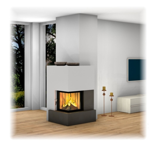Moderner Grundofen mit Eckfenster und fugenloser Keramik