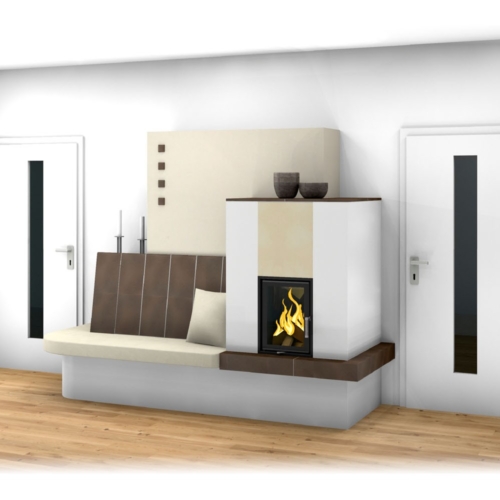 Kachelofen Landhaus mit Sichtfenster und Ofenbank