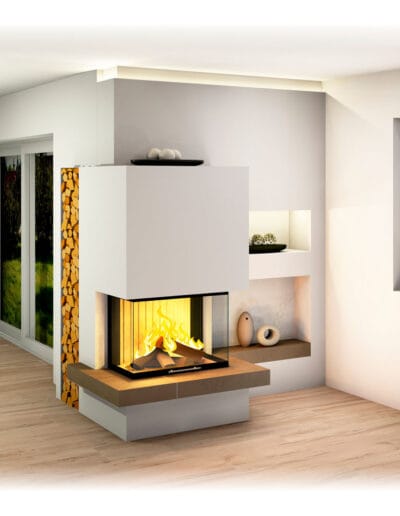 Heizkamin mit Ofenbank, Sichtfenster, Großkeramik - unterschiedliche