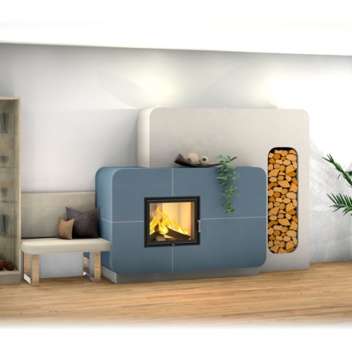 Kachelofen mit großem Sichtfenster, schlichtes modernes Design