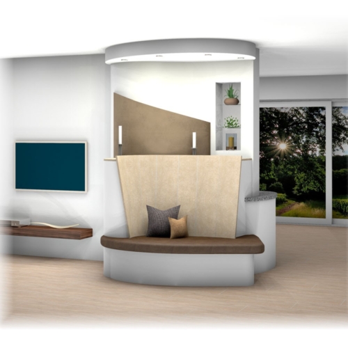 Landhaus-Kachelofen als Raumteiler mit Nischen und Ofenbank