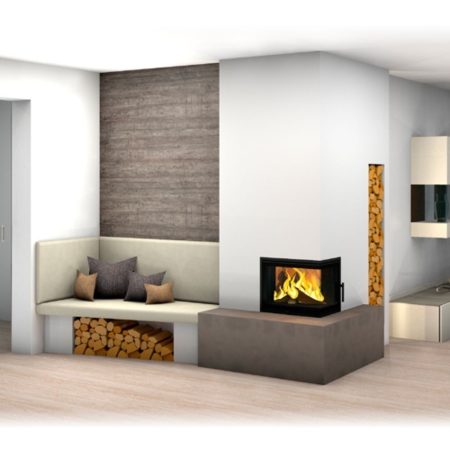 Kachelofen mit Eckfenster, schlichtes modernes Design inkl. Wandverkleidung und Holzlager