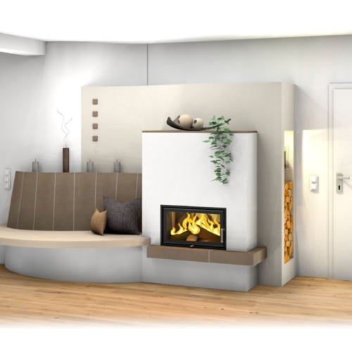 Schlichter Grundofen mit großem Sichtfenster, Ofenbank und indirekter Beleuchtung