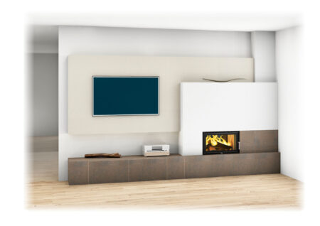 Kachelofen modern schlichtes Design mit TV-Wand