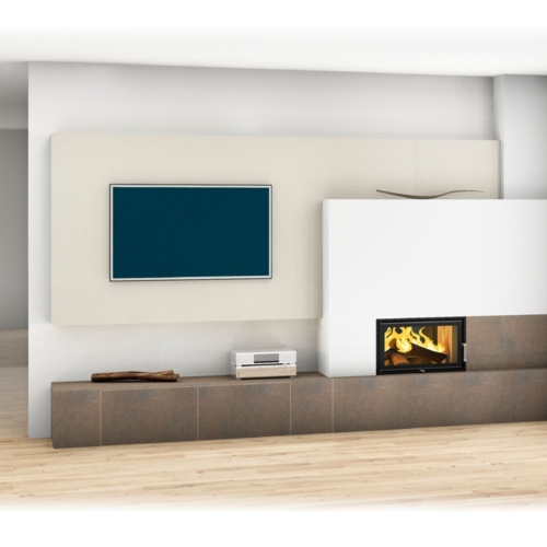 Kachelofen modern, schlichtes Design mit TV-Wand