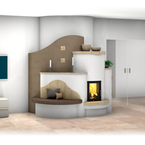 Landhaus-Kachelofen mit Sichtfenster mit Sichtfenster, Ofenbank und Kummer-Keramik