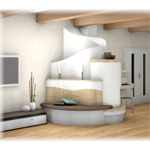 Landhaus Kachelofen rund und geschwungen mit Ofenbank