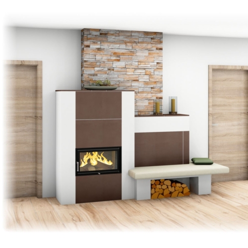 Kachelofen mit Sichtfenster und Ofenbank