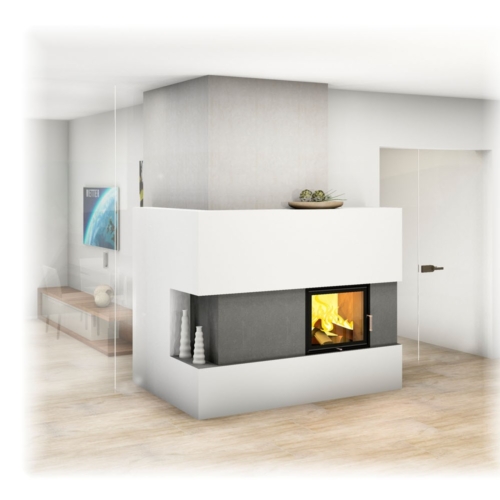 Moderner Kachelofen als Raumteiler