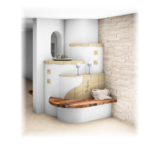 Kachelofen Landhaus mit Handkeramik und Bank