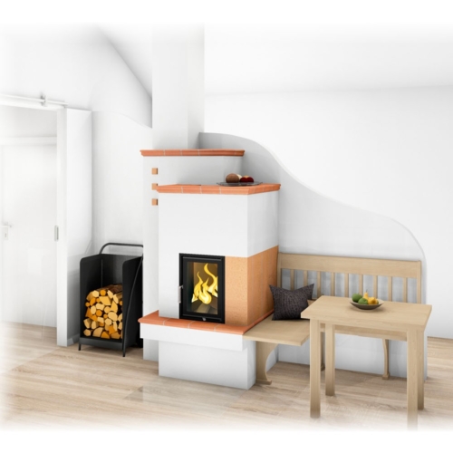 Kachelofen Landhaus mit Sichtfenster und Holzbank