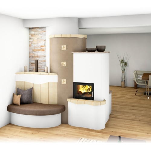 Kachelofen Landhaus mit Sichtfenster und Ofenbank