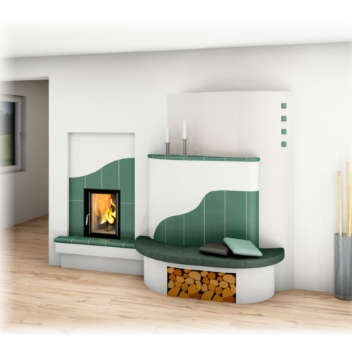 Kachelofen Landhaus mit grünen Kacheln