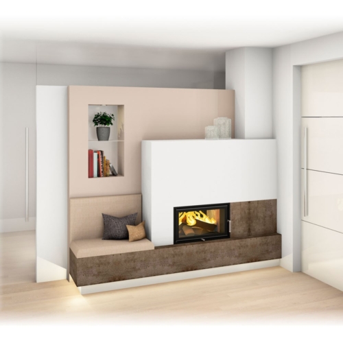 Kachelofen Modern mit Sichtfenster und Ofenbank