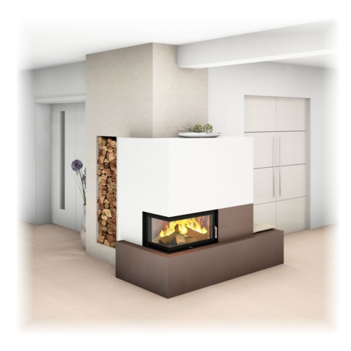 Kachelofen Modern mit Ecksichtfenster und Ofenbank