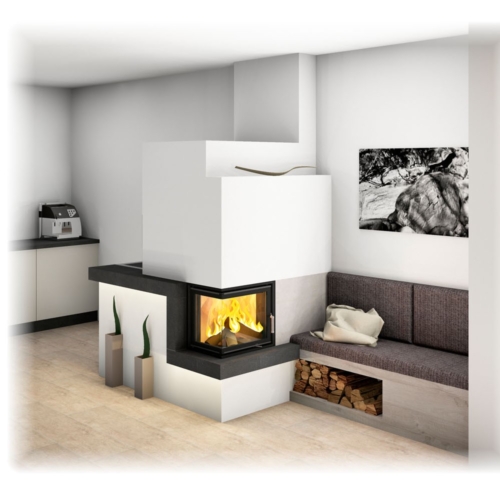 Kachelofen Modern mit Ecksichtfenster und Ofenbank_