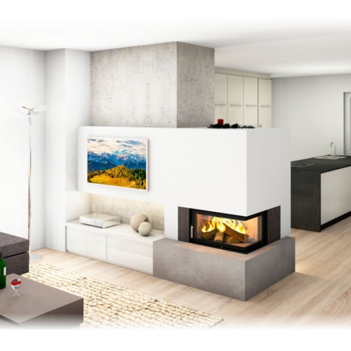 Kachelofen Modern mit Ecksichtfenster und TV Wand