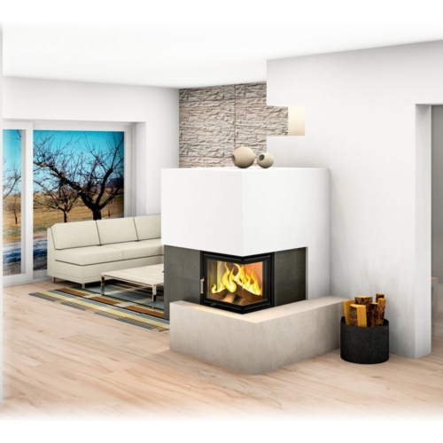 Kachelofen Modern mit Ecksichtfenster_