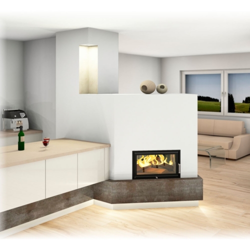 Kachelofen Modern mit Sichtfenster und Küchenanbau