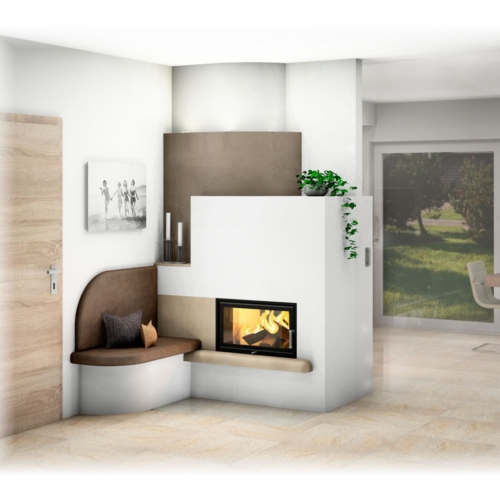 Kachelofen Modern mit Sichtfenster und Ofenbank