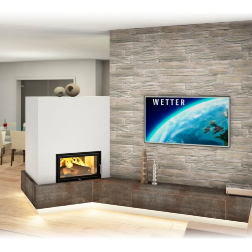 Kachelofen Modern mit Sichtfenster und TV Wand 2