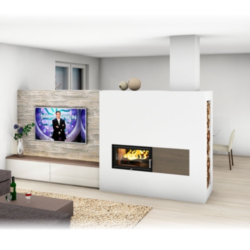 Kachelofen Modern mit Sichtfenster und TV Wand