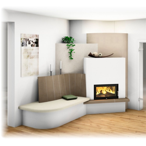 Kachelofen mit Sichtfenster und Bank