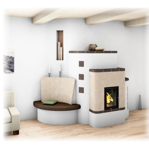 Kachelofen mit Sichtfenster und Bank