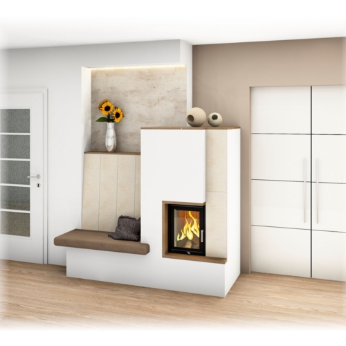 Kachelofen mit Sichtfenster und Ofenbank